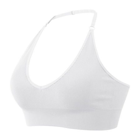 CLZOUD Everyday Bras Women S Halterneck Sports Bra Backless Deep V Neck Sports Bustier Padded Gym Push up Bra Beauty Back Adjustable Straps White S