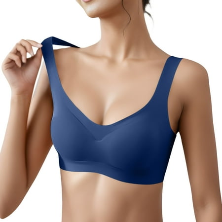 CLZOUD Bra Plus Size Women S Comfortable No Steel Ring Sleep Gathering Deep V Neck Sports Yoga Bra Blue L