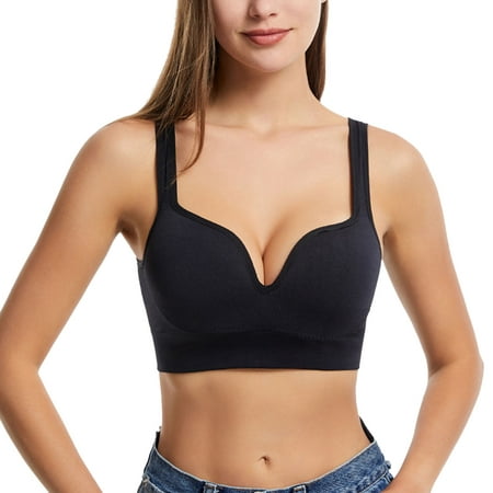 CLZOUD Womens Comfort Bra No Steel Ring Shockproof Underwear Big Open Back Beautiful Back U Shaped Bra Summer Ultra Thin Bud Bra Black XL