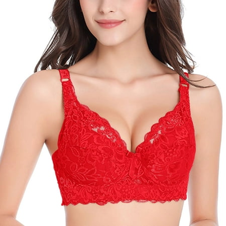 CLZOUD Bra Plus Size Red Lace Womens Lace Gathered Bra Straps Cup Underwear (no Underwire) 75B