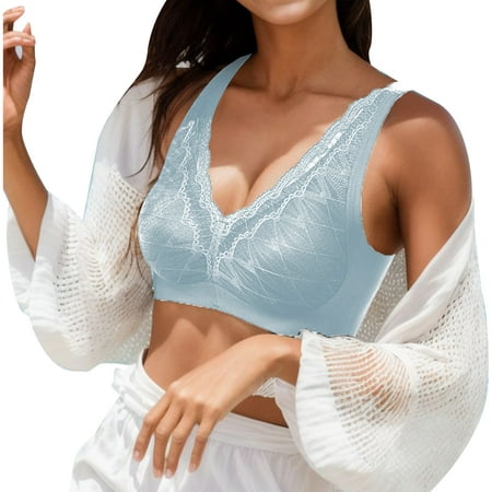 CLZOUD Womens Comfortable Bras Ladies  Breathable Thin Tank Style Seamless Bra Comfortable Lace Large Size Wire Gathered Bra Blue XL
