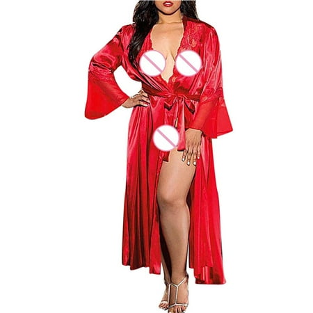 CLZOUD Nightgown Red Spandex Women Long Silk Kimono Dressing Gown Lace Lingerie Bath Robe Xl