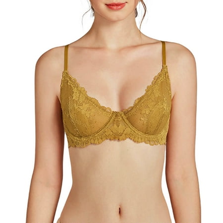 CLZOUD Comfort Shaping Bra Womens Smooth Wireless Support Bralette U-Shaped Ultra Light Underwire T Shirt Lace Bra Convertible Straps Yellow M