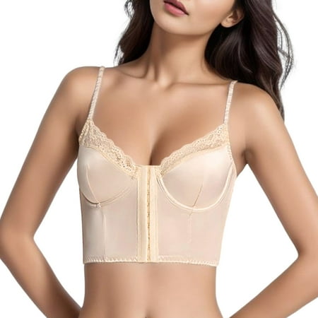 CLZOUD Womans Bras Front Button Beauty Back Bra Over Under Fishbone Corset Satin Lingerie Beige M