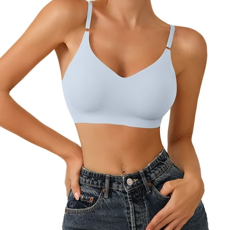 CLZOUD Bra Comfortable Shockproof and Slim Light Blue Polyester Womens Comfort Lightly Lined Seamless Wireless Triangle Bralette Bra M