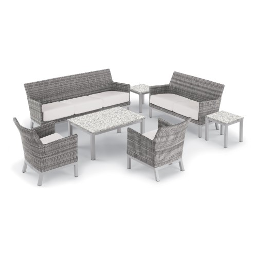 Oxford Garden Argento 7-piece Resin Wicker Lounge & Travira Tekwood Vintage Table Set - Ice Blue Cushions & Pillows