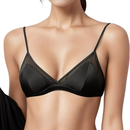 CLZOUD Comfortable Bra Silk Satin Stretchy Ultra Thin No Underwire Bra with Pads Soft Silk French Underwear Black S