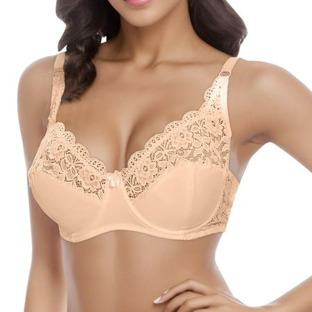 CLZOUD Everyday Bra Womens Large Size Adjustable Push up Thin Underwear with Underwire Half Stitching Lace Bra Khaki 85D