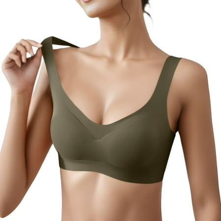 CLZOUD Women S Bras Comfortable No Steel Ring Sleep Gathering Deep V Neck Sports Yoga Bra Green L