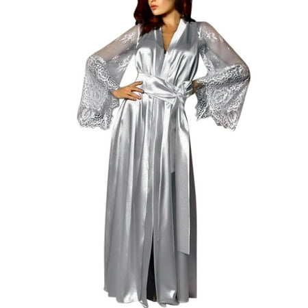 CLZOUD Lace Panties for Bridal Robe Grey Satin Women Satin Long Nightdress Silk Lace Lingerie Nightgown Sleepwear Robe S