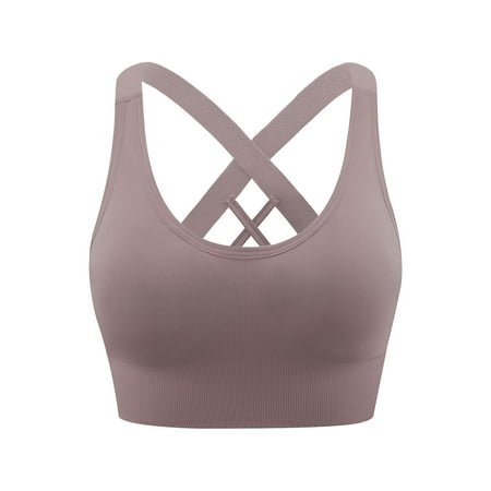 CLZOUD Bra for Woman Solid Color Crisscross Back High Intensity Breathable Shockproof Running Yoga Sports Bra Coffee L