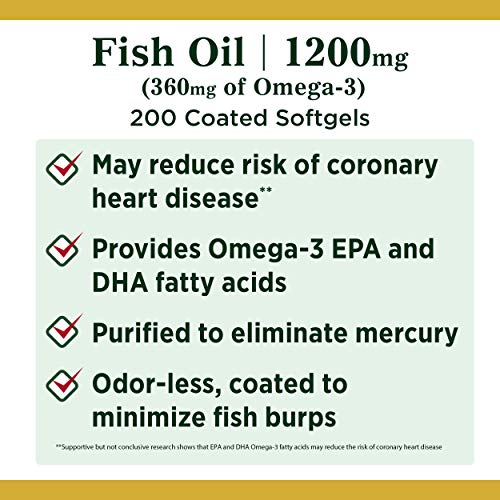 Nature's Bounty Fish Oil, Supports Heart Health, 1200 Mg, 360mg Omega-3, 200 Odorless Coated Softgels thumbnail