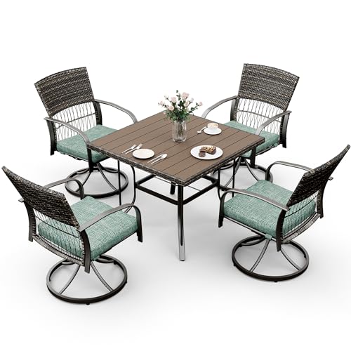 Pamapic 5 Piece Patio Dining Set for 4,Outdoor Wicker Furniture Set for Backyard Garden Deck Poolside with 4 Cushions Swivel Rocker Chairs,Square Plas