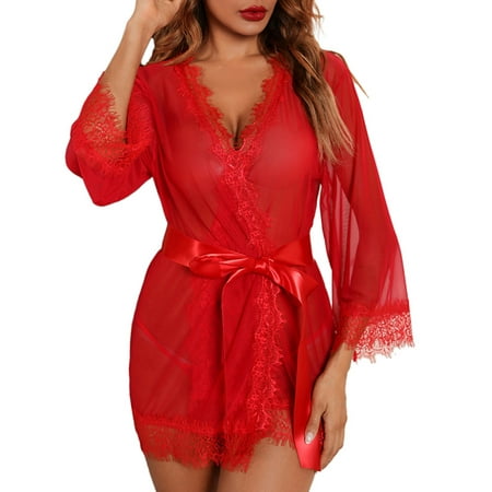 GWAABD Women S Clothing Women Fashion Print Mesh Lingerie Lace Lingerie Two Pieces Set Underwear Robe with Thong