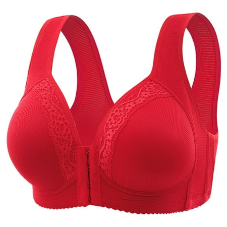 CLZOUD Bra for Woman Comfortable and Front Button Bra with Lace No Steel Rim Retract and Breathable Bra Red 38