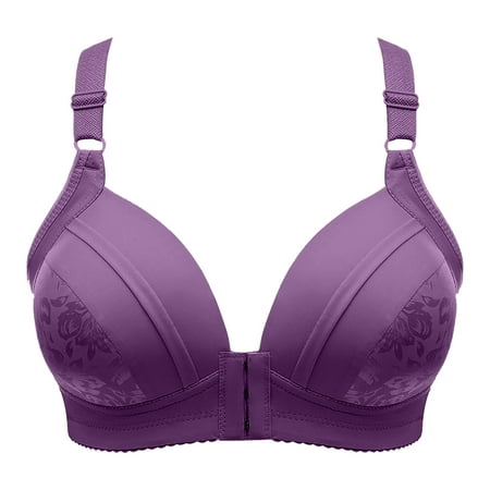 CLZOUD Bra for Plus Size Women Front Buckle Large Size Non Steel Ring Comfortable Thin Cup U Gathering Side Fold Middle and Old Age Bra Purple 50