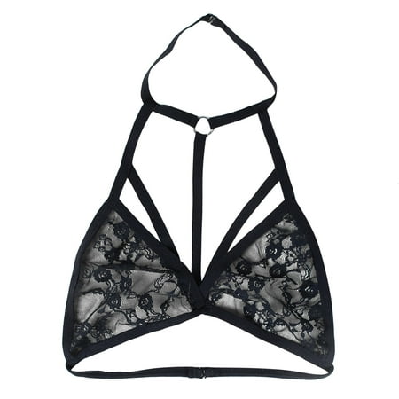 CLZOUD Everyday Bra Black Spandex Women S Halter Neck Lace Hollow Out Criss Cross Back Lace Bra Deep V Scalloped Strappy Bralette Xl