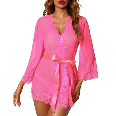 GWAABD Women Clothes Women Fashion Print Mesh Lingerie Lace Lingerie Two Pieces Set Underwear Robe with Thong