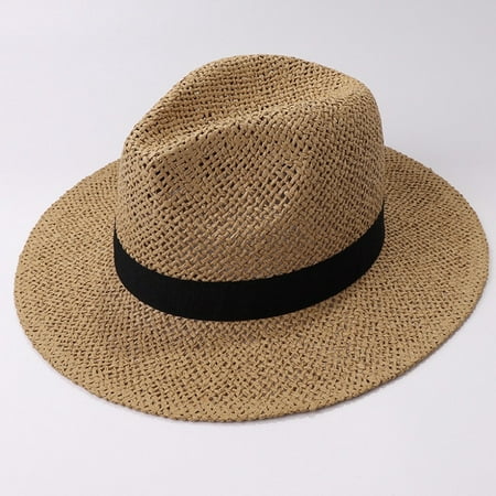 Kukuzhu 3119 Fedoras Black Band Straw Hat Men Women Wide Brim Summer Hat Male Female Panama Hat Beach Cap Unisex Flat Brim Beach Hat