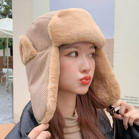 Kukuzhu 3943 Bomber Hat Thick Warm Women Winter Hat Windproof Snow Ski Earflap Trapper Cap Lady Striped Russian Hat Female Russian Cap
