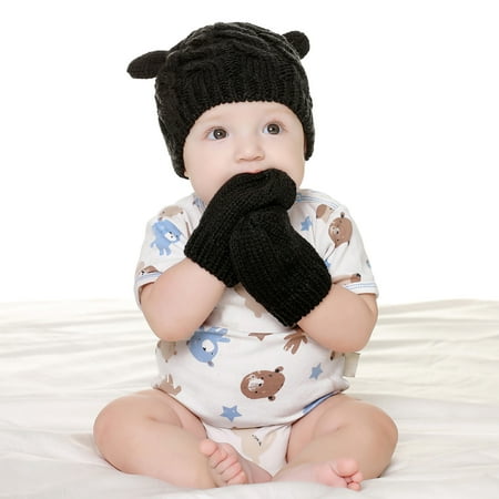 LA TALUS 1 Set Unisex Baby Hat Gloves Casual Solid Color Knitted Infant Newborn Hat Mittens for Daily Wear (Light Grey)