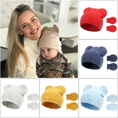 LA TALUS 1 Set Baby Hat Mittens Dual Ears Stretchy Thicker Soft Cozy Keep Warm Solid Color Autumn Winter Infant Boys Girls Cap Gloves for Outdoor (Nav