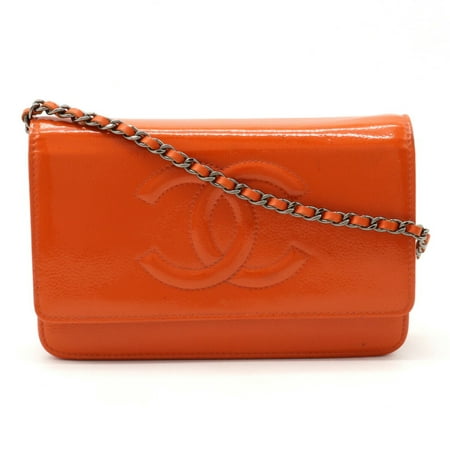 Pre-Owned CHANEL Coco Mark Chain Shoulder Bag Patent Leather Enamel Orange 8654 (Good)
