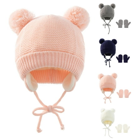 LA TALUS 2Pcs/Set Plush Balls Earflap Lace-up Ribbed Cuffs Baby Hat Gloves Fleece Lined Solid Color Infant Knitted Mittens Beanie Set Baby Accessories