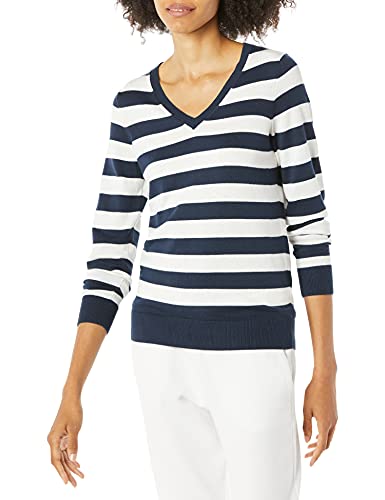 Amazon Essentials Women's Classic-Fit Lightweight Long-Sleeve V-Neck Sweater (Available in Plus Size), Navy White Rugby Stripe, X-Large
