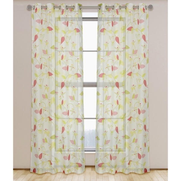 LJ Home Fashions Erica Sheer Floral Leaf Burnout Grommet Top Curtain Panel Pair (White/Grey/Green)