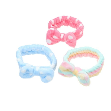 3Pcs Bowknot Shaped Hair Hoops Face Washing Headband Flannel Headwrap Shower Hair Band (03# Green and Pink Stripe  12# Light Blue Round Dot  09# Water