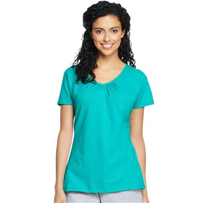 9253 Womens Slub Jersey Shirred V-Neck Tees, Eco Teal - Extra Large