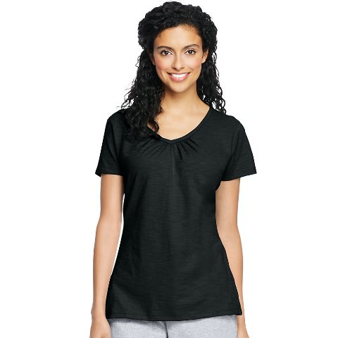 9253 Womens Slub Jersey Shirred V-Neck Tees, Black - Large