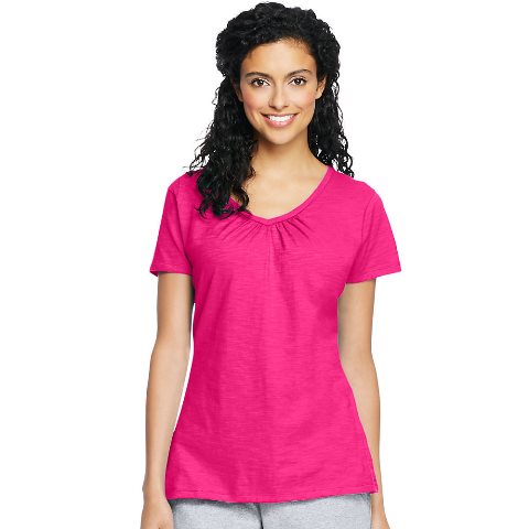 9253 Womens Slub Jersey Shirred V-Neck Tees, Amaranth - 2XL